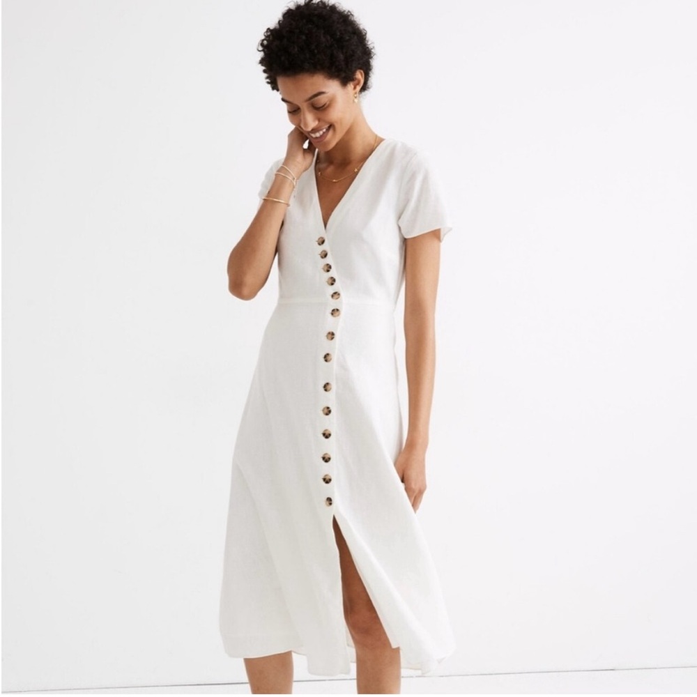 Madewell Linen-Blend Button-Wrap Midi Dress